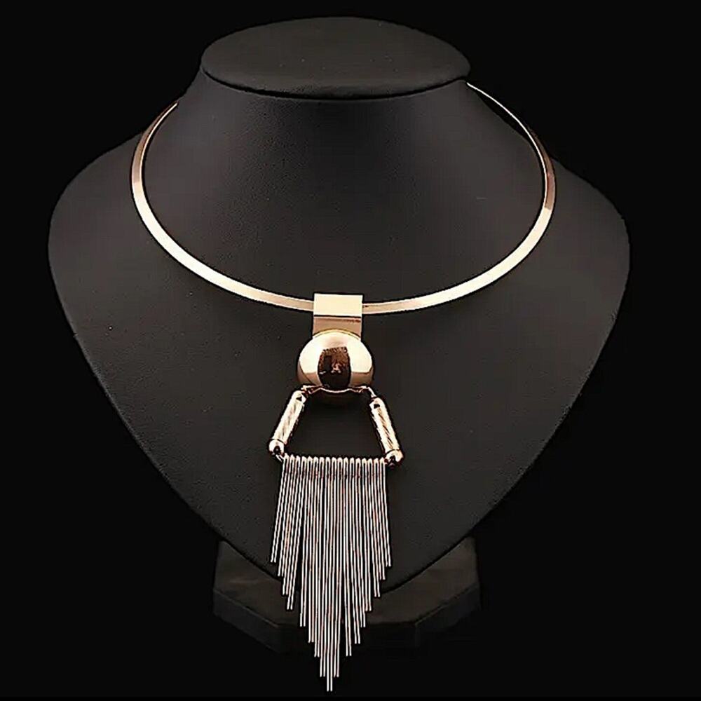 Gold Tassel Fringe Statement Choker Necklace Earrings - Picture 5 of 8
